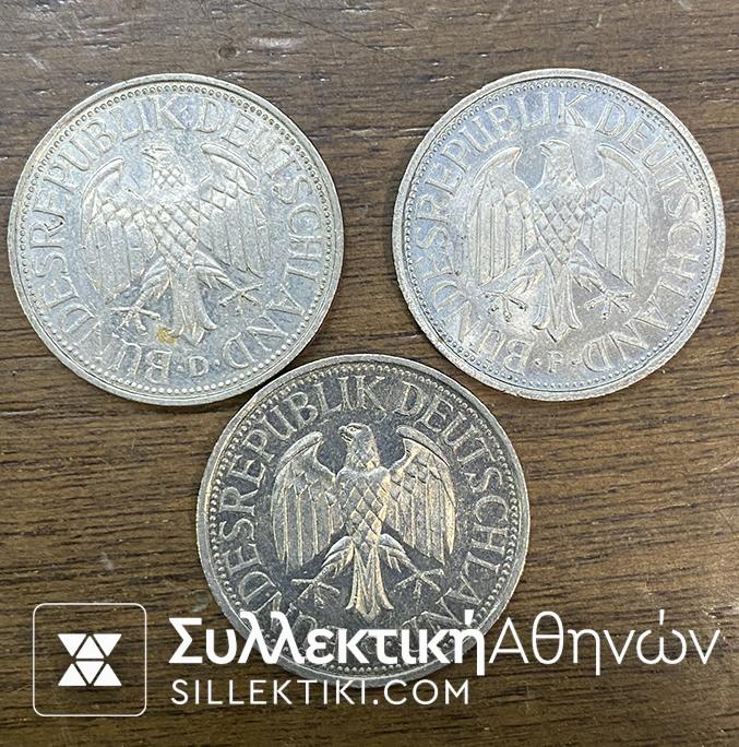 GERMANY3 Different Coins Of 1 Mark AU/UNC